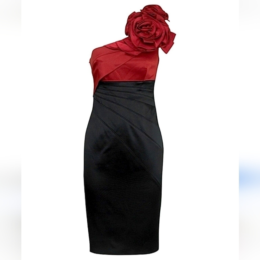 NWT KAREN MILLEN |Black Red Rose Corsage One Shoulder Cocktail Pencil Dress sz 4